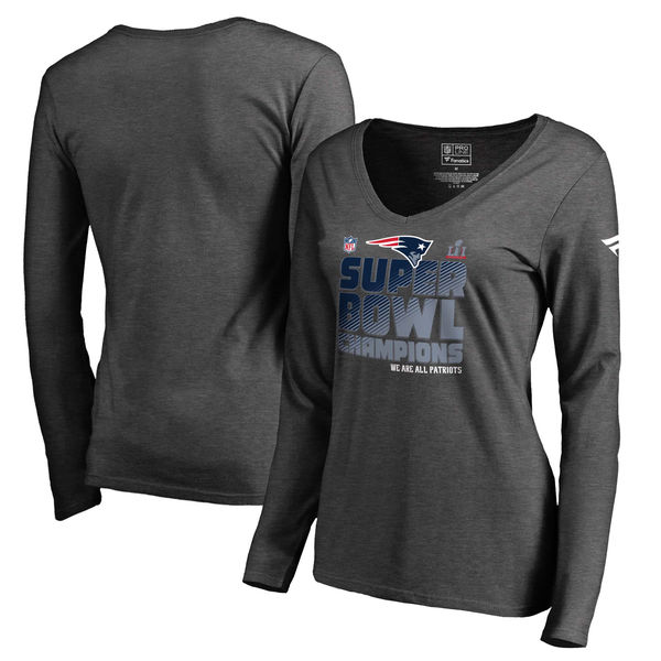 New England Patriots Pro Line by Fanatics Branded Women's Super Bowl LI Champions Trophy Collection Locker Room V-Neck Long Sleeve T-Shirt - Charcoal